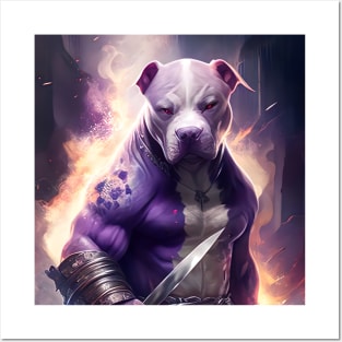 A Bodybuilding Bulldog Statue with a Sword and a Fire Posters and Art